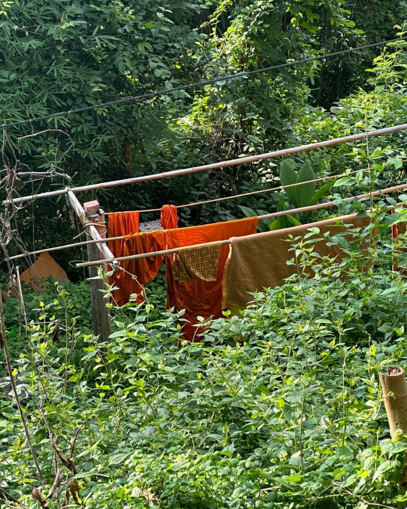 Bright orange and saffron Buddhist monk robes hanging to dry on a wooden line surrounded by lush green jungle foliage at Wat Pha Lat forest temple.